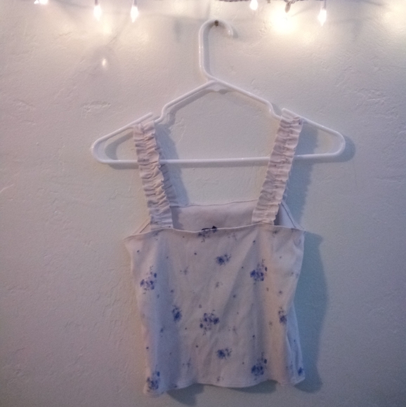 Forever 21 Cute Ruffle Scrunch Strap Tank Crop Top Ribbed Floral Lavender Small - Picture 3 of 8